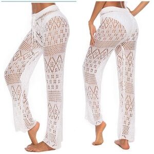 Crochet Beach Coverup Pants Flared Leg High Waist Off White Size Large N…